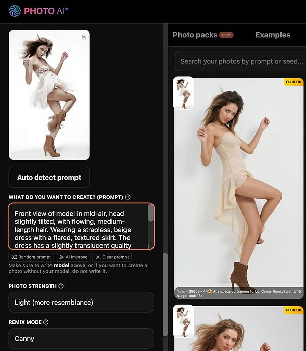 The image displays a user interface for a photo editing tool featuring a model in a dress and options for generating images.