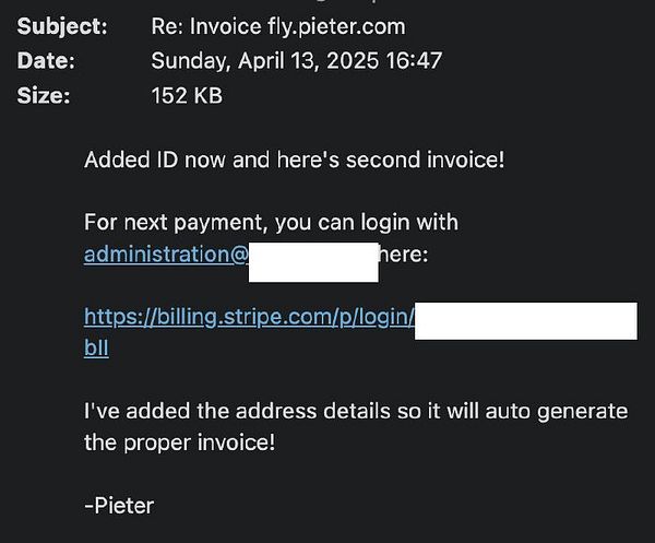 The image displays an email correspondence regarding an invoice and payment details.