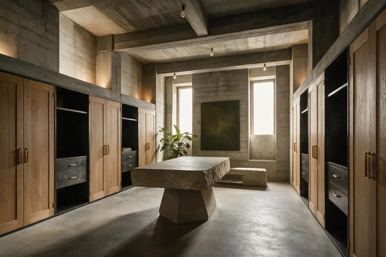 A brutalist-style closet with exposed concrete walls and ceiling beams, flanked by built-in oak wardrobes with black interior shelving and drawers. A heavy stone pedestal table stands in the center, with a bench, a potted plant, and soft daylight coming through narrow windows.