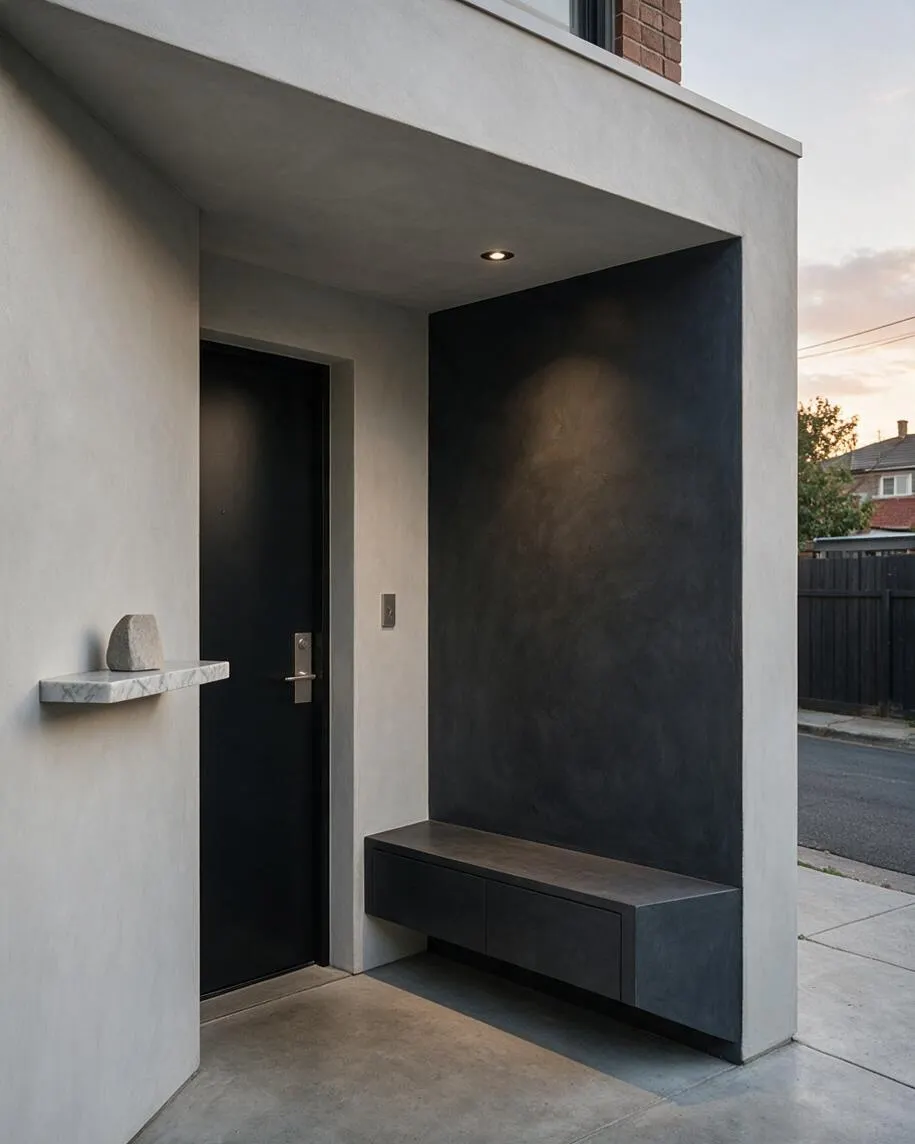 A minimalist front porch with smooth light-gray stucco walls, a matte black front door, and a charcoal built-in bench under a recessed light. A small floating stone shelf with a decorative rock adds a sculptural accent against the clean, modern entryway.