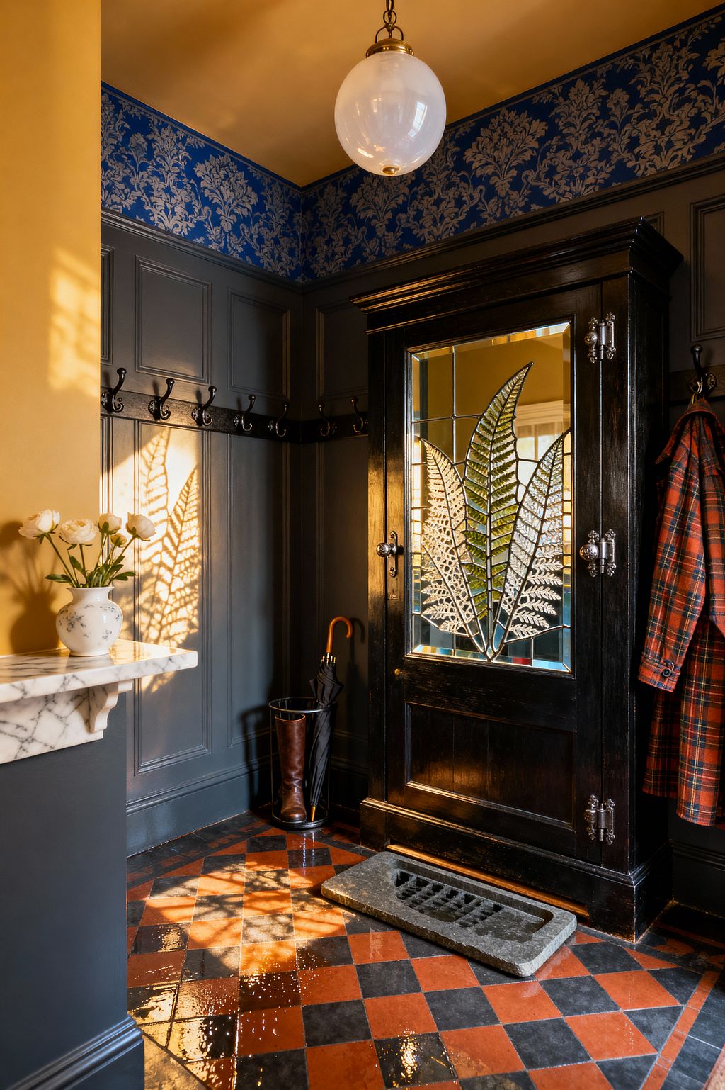 A compact Victorian-style mudroom with deep charcoal paneled walls, a cobalt blue damask frieze, and a warm ochre ceiling lit by a brass-hung round opal globe. An ebonized door with a leaded glass fern motif casts shadows onto glossy red-and-black quarry tiles; a white marble wall shelf holds a small vase of flowers, an umbrella stand with a boot and umbrella sits below, a stone boot scraper lies on the floor, and a plaid coat hangs from black hooks.