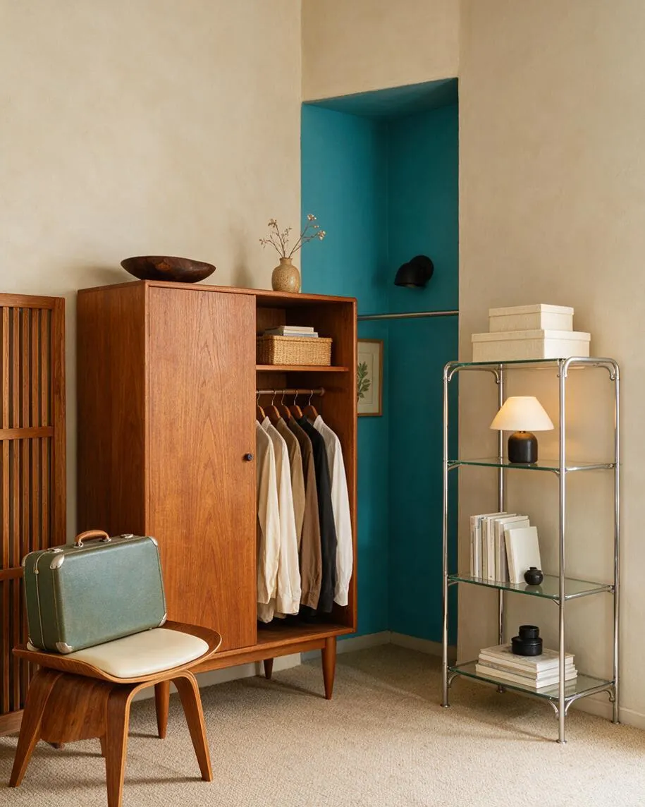 A Mid-Century Modern closet corner with a walnut wardrobe, a teal recessed alcove, and a chrome-and-glass shelving unit. The room includes a curved wood bench, a vintage suitcase, stacked boxes, books, and small decorative objects under soft natural light.