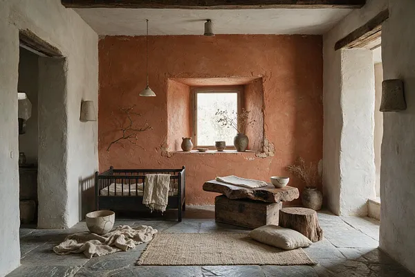 A serene nursery with rough plaster walls, a terracotta accent wall and window alcove, a dark wooden crib, a rustic wood changing table, woven rugs, linen textiles, and natural clay vessels. The room feels soft, minimal, and handmade with warm neutral and earthy tones.