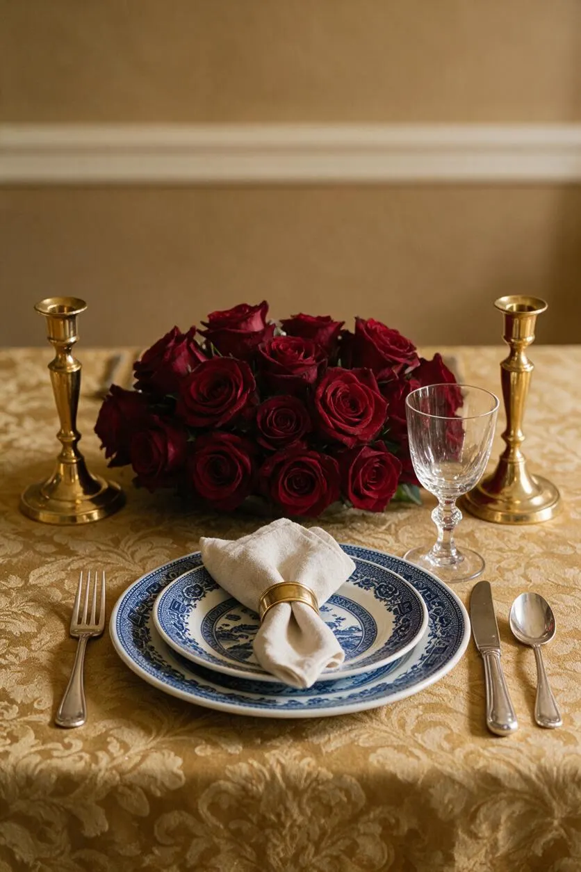 A formal traditional dining table setting with a gold damask tablecloth, stacked blue-and-white patterned plates, a folded cream napkin with a gold ring, polished silverware, a clear wine goblet, and two brass candlesticks. A lush bouquet of deep red roses sits centered behind the place setting against a warm beige wall with white trim.