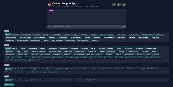 The image displays the interface of the Canned Support App, showcasing various preset messages for customer support tasks.