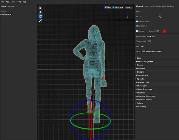 A 3D modeling interface displaying a wireframe model of a female figure.