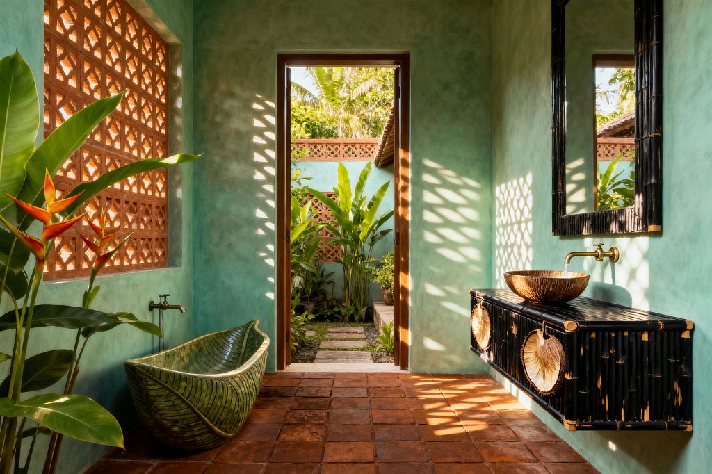 Sunlit tropical bathroom with sea-green lime-washed walls and terracotta floor tiles. On the left, a green leaf-shaped glazed ceramic bathtub sits beneath a terracotta breeze-block screen, with bird-of-paradise and broad-leaf plants nearby. Opposite, a floating black bamboo vanity supports a carved bowl sink and brass wall-mounted faucet under a matching mirror. An open doorway leads to a small, lush courtyard while lattice shadows fall across the room.