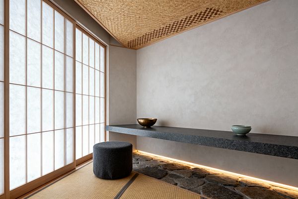 A serene Japanese-style dining corner features full-height shoji screens framed in light wood, diffusing soft daylight onto tatami mats. A floating dark stone ledge functions as a low table above a strip of fieldstone lit by concealed warm LEDs, with a charcoal round stool nearby, a woven bamboo ceiling with a subtle checker pattern overhead, and simple vessels—a bronze bowl and a celadon cup—set against textured beige plaster walls.