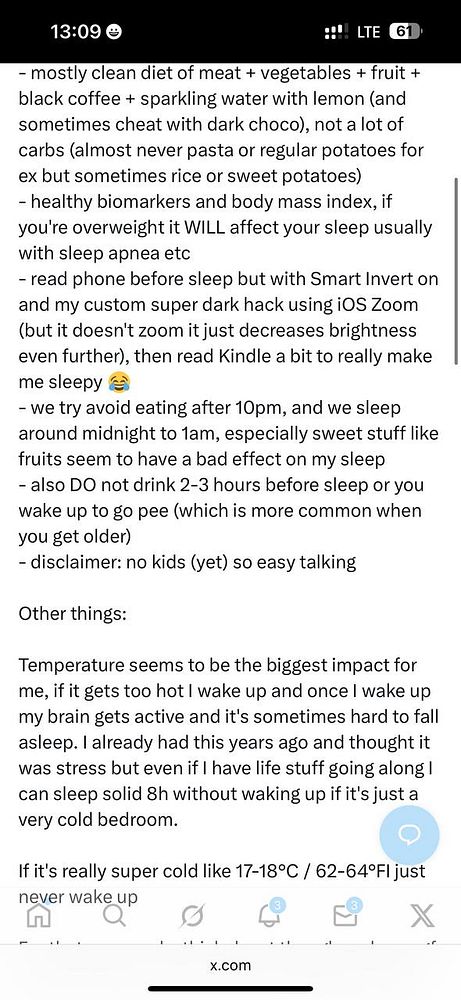 The image contains a detailed list of sleep tips and personal insights related to sleep hygiene and habits.