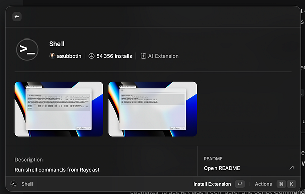 Screenshot of a Raycast interface displaying search results for 'ter' with commands related to integrating Raycast workflow with SSH and GitHub.