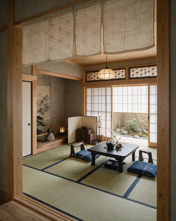 A calm Japanese Zen-style room opens to a small backyard garden through shoji screens. The space features tatami mats, a low black tea table, blue floor cushions, warm wood framing, and a hanging paper lantern, with neutral linen curtains and a simple stone-and-plant garden beyond.