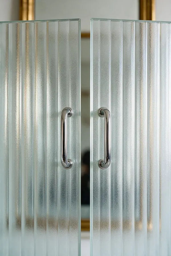 A close-up of two frosted glass cabinet doors with vertical fluting and slim chrome handles. The soft translucent surface diffuses light, creating a refined Art Deco-inspired detail.