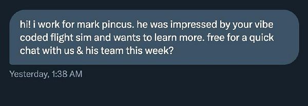 A direct message inviting for a call with Mark Pincus regarding a flight simulation project.