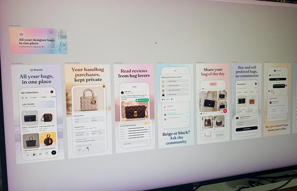 Mobile app screenshots showing various features for managing and sharing designer bags within a community.
