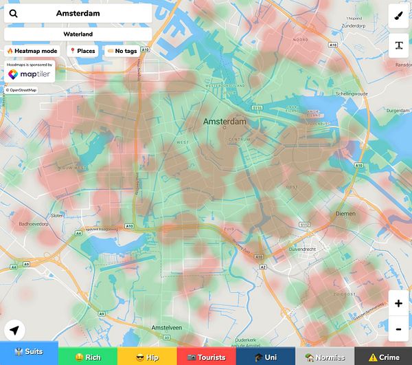 Heatmap visualization showing distinct red and green areas with streets and landmarks, designed to highlight only one color per area without overlap.
