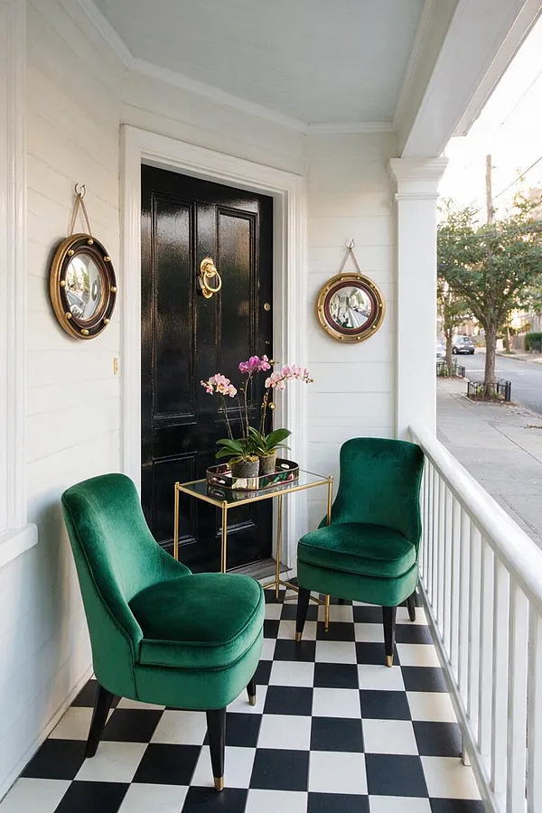 A narrow front porch with a black paneled front door, glossy gold hardware, and two round gold-framed mirrors on white walls. Two emerald green velvet chairs flank a small brass and glass side table with orchids, all set on a black-and-white checkered floor with a white railing overlooking the street.