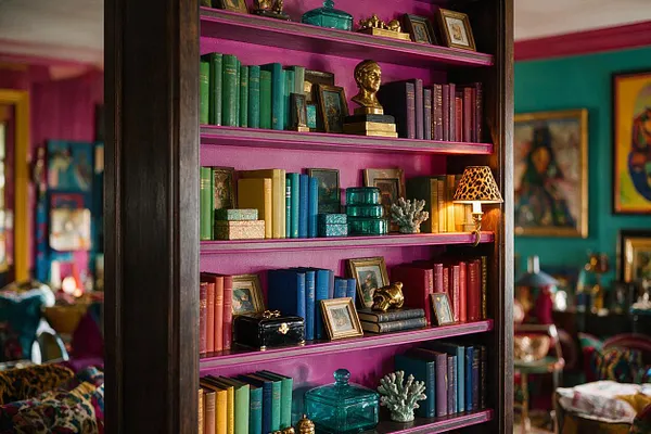 A dark wood bookshelf with bright magenta interior shelves holds rows of colorful books, framed art, gold busts, glass objects, and coral-like decor. A leopard-print lampshade adds a playful touch, while the surrounding room shows teal walls, bold artwork, and layered patterned furnishings.