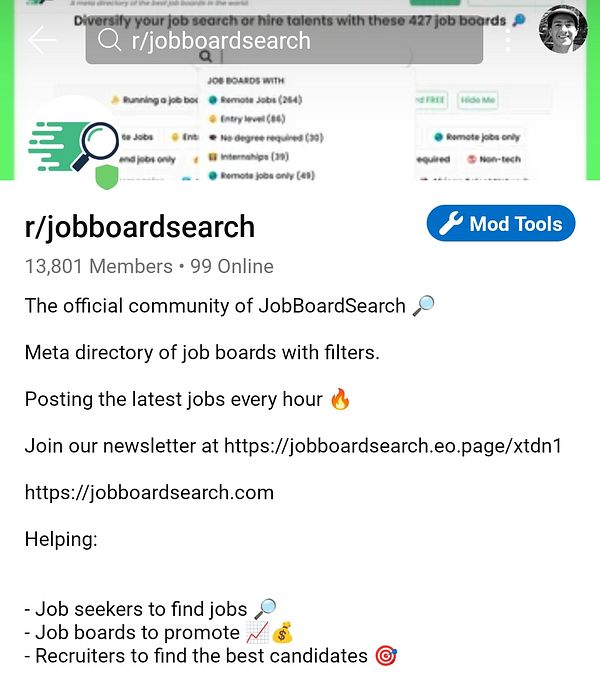The image displays the subreddit r/jobboardsearch, highlighting its purpose and features.