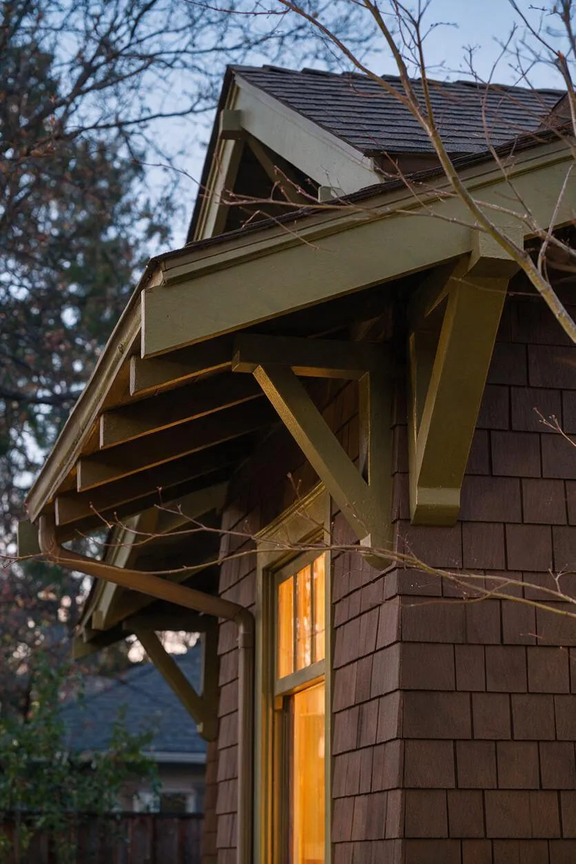 A close-up of a Craftsman-style house exterior showing a steep gable roof, exposed triangular rafter brackets, and wide olive-green trim against dark brown shingle siding. A single window glows with warm interior light beneath leafless tree branches, with dusk sky and neighboring trees in the background.