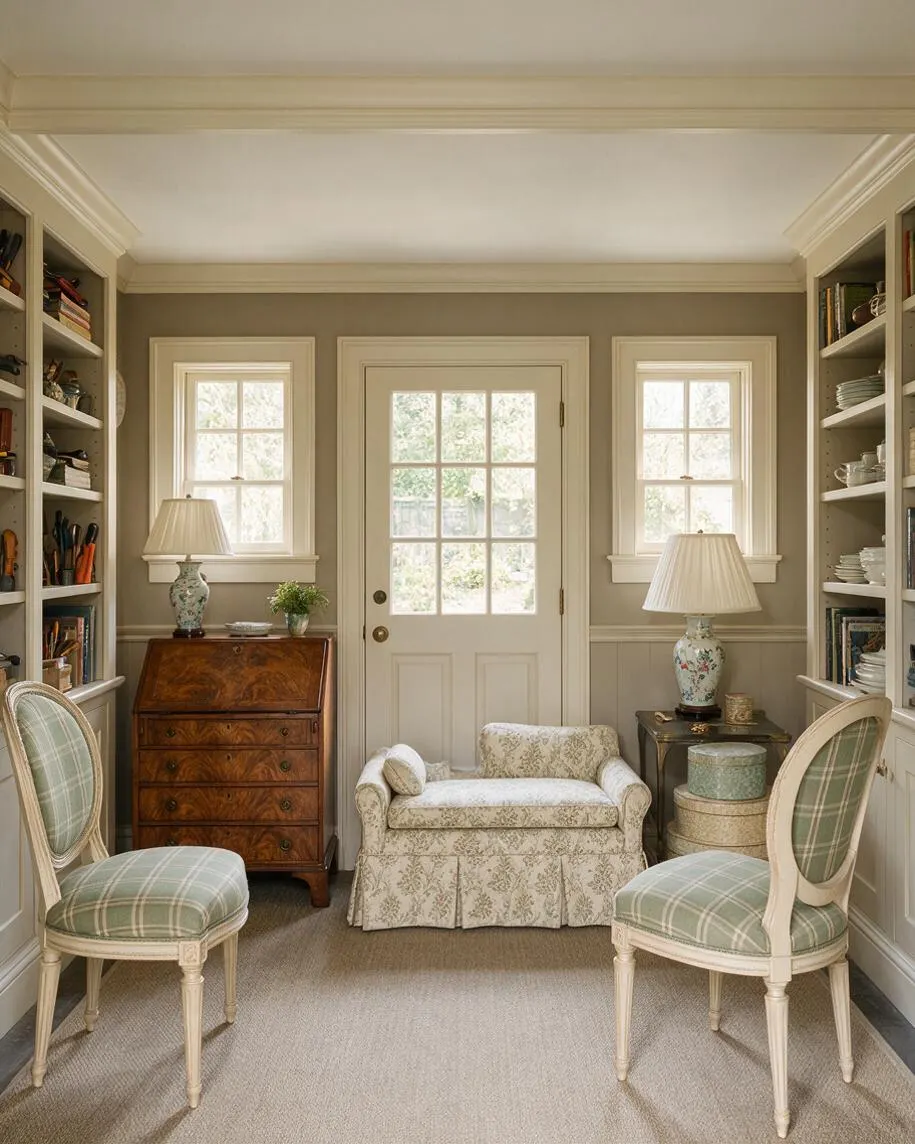 A cozy traditional backyard room with built-in shelving on both sides, a central glass-paned door, and two matching windows. The space includes a small upholstered settee, two plaid side chairs, table lamps with floral bases, and a wood secretary desk, all in soft neutral and sage tones.