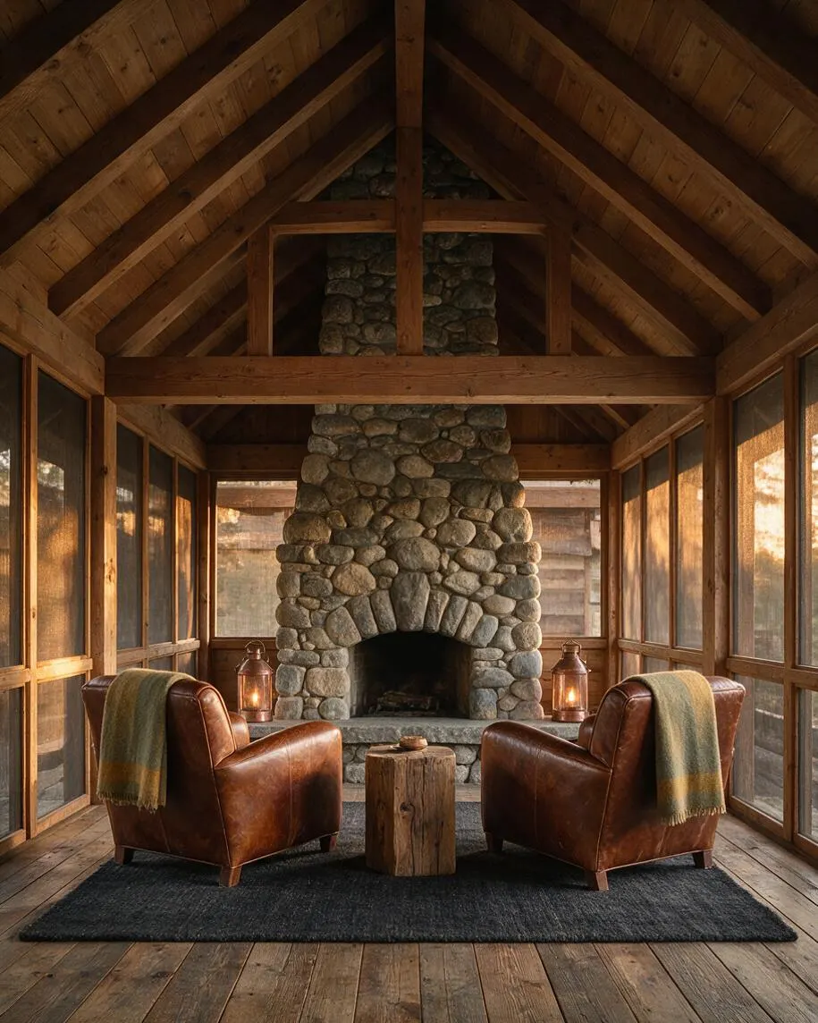 A rustic front porch with a tall stone fireplace centered beneath a steep timber roof. Two brown leather armchairs with draped blankets face each other across a small log side table, with lanterns and screened wood walls creating a warm, sheltered retreat.
