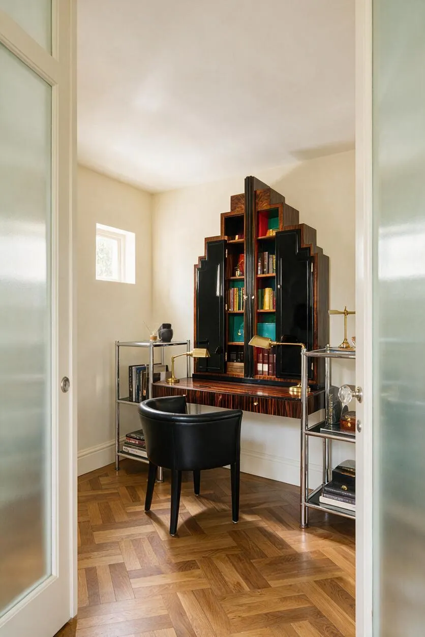 A small Art Deco-inspired backyard room with cream walls, a warm herringbone wood floor, and a dramatic stepped black-and-wood cabinet centered on the back wall. A black upholstered chair sits in front of a slim desk, flanked by chrome shelving units with brass accents and decorative objects, creating a polished, elegant atmosphere.