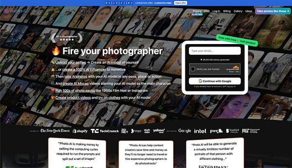 Screenshot of a pricing webpage for PhotoAI featuring a promotional offer, three pricing plans with detailed features and pricing, and an integrated signup timer at the top.