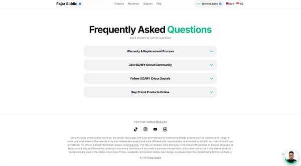 A FAQ webpage section from Fajar Siddiq's site related to Cricut products, showing expandable questions and footer details.