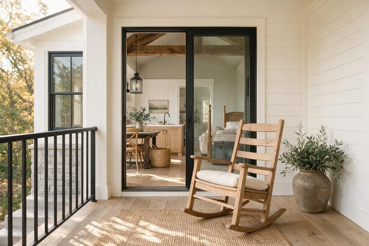 A bright farmhouse porch with white shiplap walls, light wood flooring, and a black-framed sliding glass door opening to a cozy interior. A wooden rocking chair sits on a woven rug beside a large neutral planter, while black metal railing and warm natural light complete the inviting exterior space.
