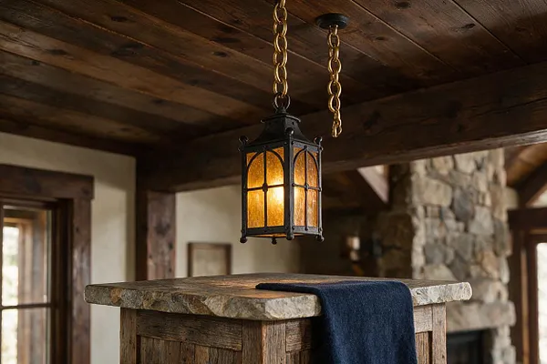 A rustic interior with a hanging lantern light suspended from gold chains above a wood island topped with rough stone. The room features a dark wood ceiling, exposed beams, a stone fireplace, and warm neutral walls, with a navy textile draped over the island.