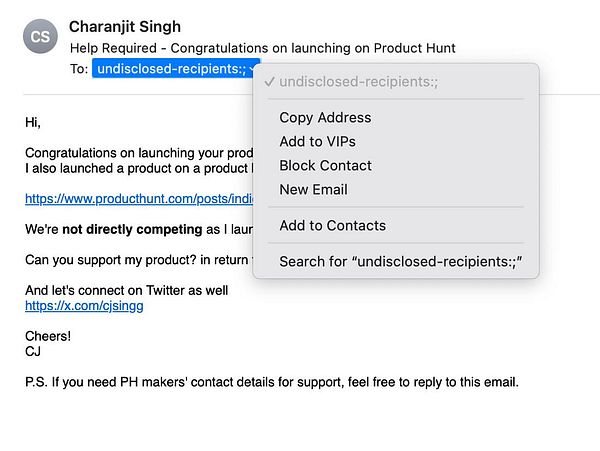 An email from Charanjit Singh congratulating a recipient on their Product Hunt launch.