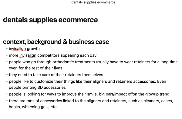 The image presents a detailed outline for a dental supplies e-commerce project.