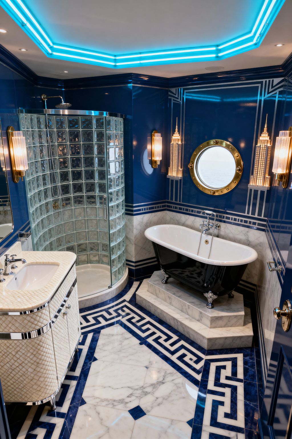 A luxurious Art Deco bathroom with cobalt blue lacquered walls features a curved glass-block shower, a black clawfoot tub on a two-tier marble plinth, and a brass-rimmed circular porthole window. The floor is white Carrara marble with a navy Greek-key border, while ribbed glass brass sconces, recessed lights, and cyan cove lighting illuminate skyscraper motifs, a textured cream vanity with chrome trim, and polished chrome fixtures.