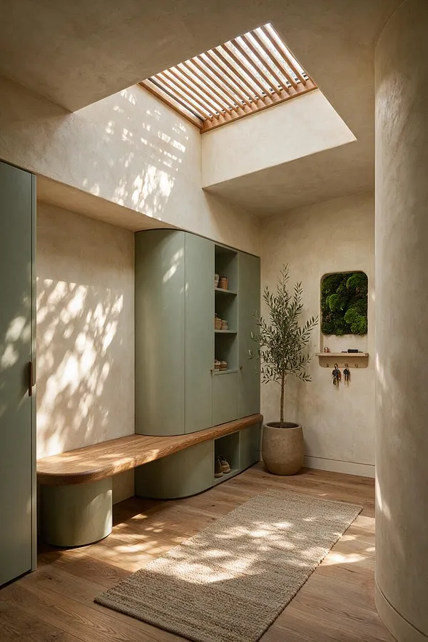 A serene entryway with a skylight casting striped sunlight across textured beige walls, a curved sage-green storage cabinet, a live-edge wood bench, and a potted indoor tree. A small moss wall art piece and woven runner complete the natural, biophilic look.
