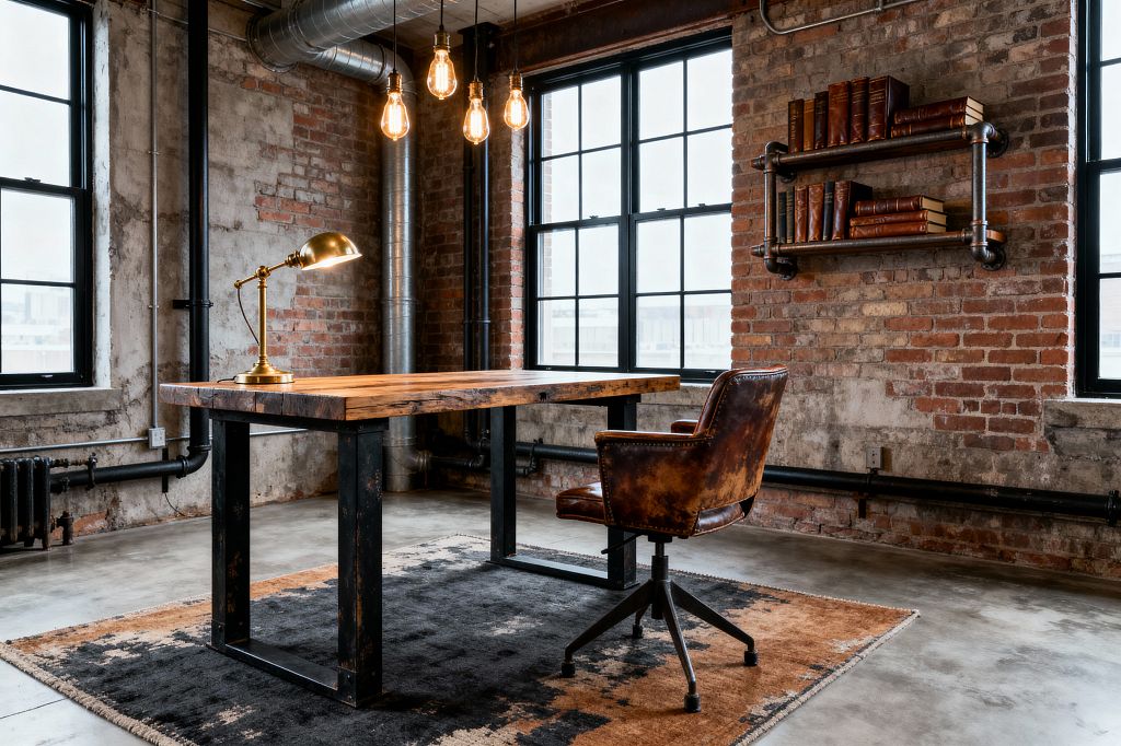 An industrial home office with exposed red brick walls, black metal-framed factory windows, and visible ductwork. A thick reclaimed wood desk with black steel legs sits on a two-tone rug, paired with a distressed cognac leather swivel chair. Overhead, four bare Edison bulbs hang; a brass task lamp rests on the desk. A pipe-and-wood wall shelf holds vintage books; the floor is polished concrete.