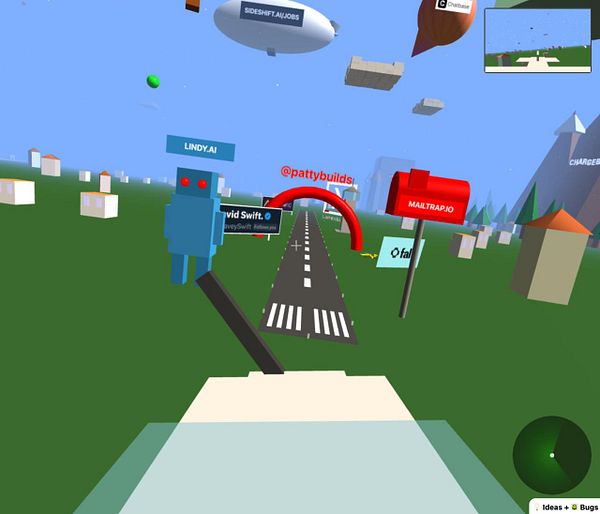 A colorful virtual landscape featuring a character, a mailbox, and various floating elements.