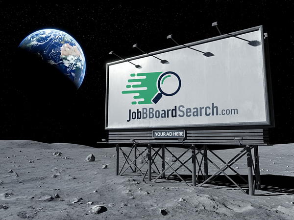 A billboard advertising JobBoardSearch.com is prominently displayed on the moon's surface with Earth visible in the background.
