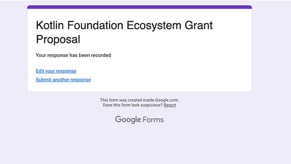 The image displays a confirmation page for a submitted proposal to the Kotlin Foundation Ecosystem Grant.