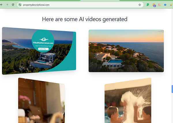 The image displays a webpage showcasing AI-generated demo videos related to property listings.