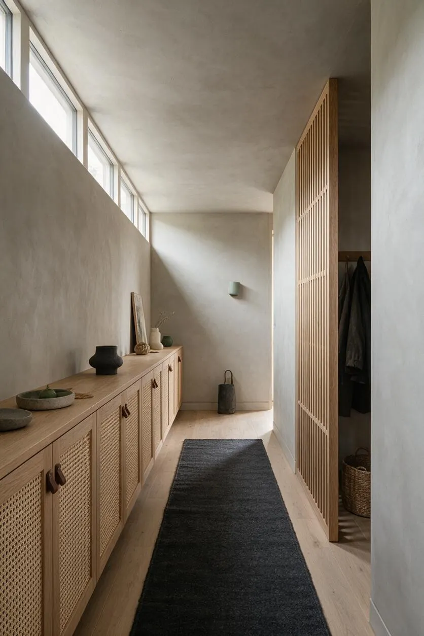 A narrow Japandi-style entryway with pale plaster walls, a long row of light wood cabinets with cane-front doors, and a dark runner rug on a light wood floor. Slatted wood closet doors line one side, while soft daylight enters from high windows along the left wall.
