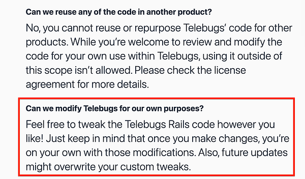 The image displays a FAQ section addressing code reuse and modification policies for Telebugs.