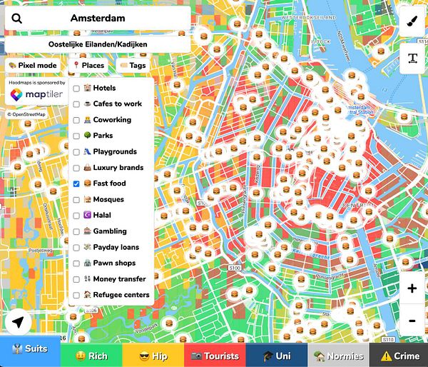 A heatmap superimposed on an urban map, highlighting areas associated with gambling, fast food, and money transfer businesses.