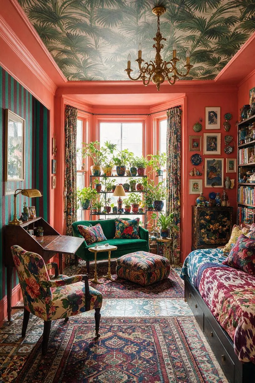 A colorful studio apartment living area filled with layered patterns and eclectic decor. Coral pink walls and a palm-print ceiling frame a brass chandelier, bay window plant shelves, floral upholstery, patterned rugs, and an emerald velvet loveseat.