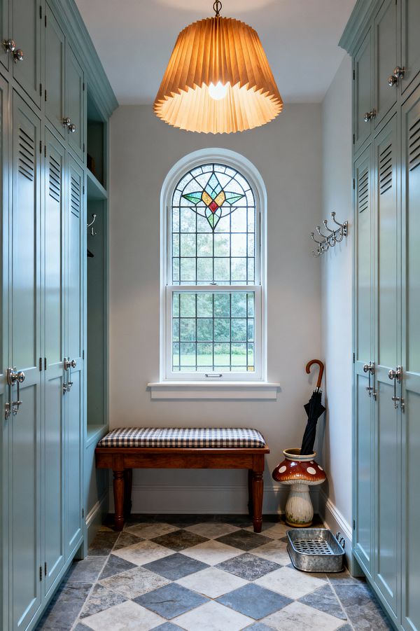 A narrow traditional mudroom with sage green built-in lockers on both sides and polished nickel hardware, centered on an arched window with leaded stained glass above a gingham-topped wooden bench. The floor is laid in large gray and cream tumbled stone tiles set on the diagonal. A pleated pendant casts warm light; chrome coat hooks, an umbrella, a whimsical mushroom umbrella stand, and a metal boot tray sit near the right wall.