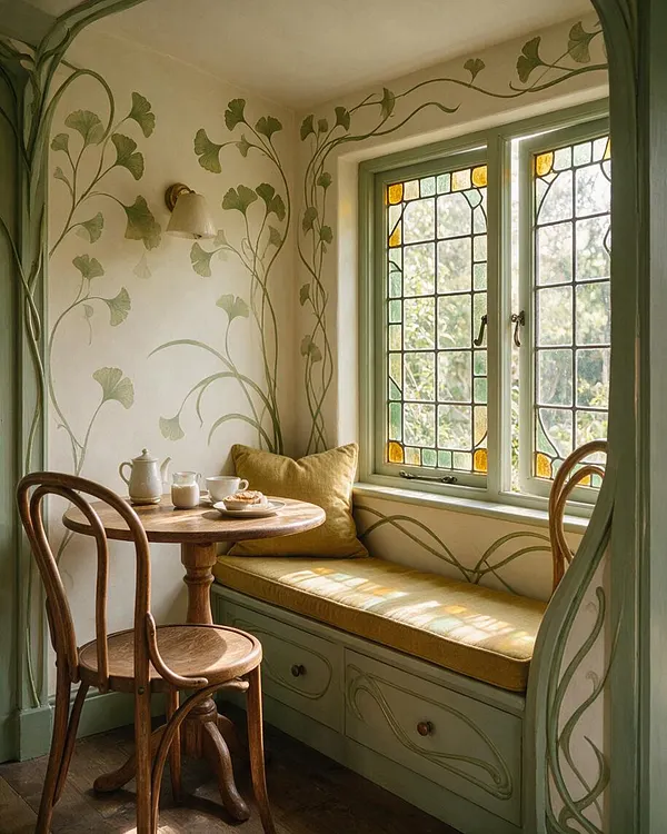 A cozy Art Nouveau dining nook with hand-painted ginkgo vine motifs climbing the cream walls and framing a leaded stained-glass window. A small round wooden table, curved bentwood chair, and built-in bench with mustard cushion sit in soft natural light.