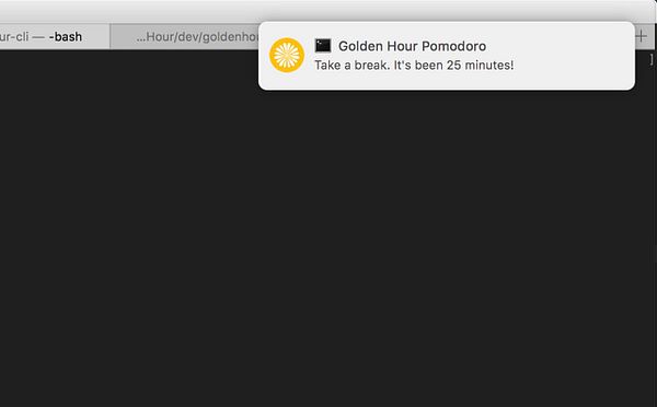 The image shows a notification from the Golden Hour Pomodoro app advising a break after 25 minutes.