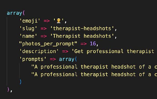 The image displays a code snippet defining parameters for a photo pack related to therapist headshots.