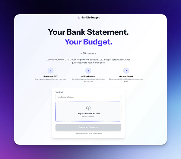 The image displays a user interface for the BankToBudget website, showcasing a budgeting tool that processes bank statements.