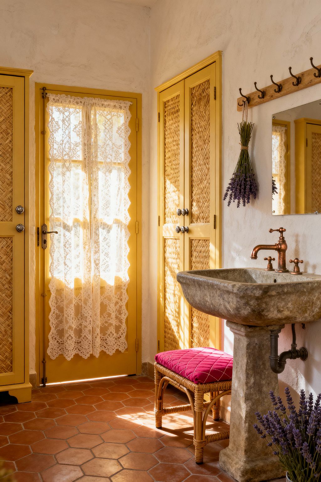 A sunlit French Country mudroom with mustard-yellow painted doors and woven rattan cabinet fronts sits on hexagonal terracotta tile. A carved stone pedestal sink with copper taps stands beside a rattan stool topped with a quilted fuchsia cushion; a lace curtain filters light at the glass door, a wooden peg rail holds lavender bundles, and a simple mirror reflects the warm, rustic space.