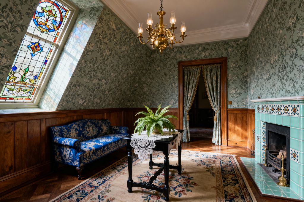 A Victorian living room features sage floral wallpaper above oak wainscoting, a seafoam tiled fireplace with patterned inserts and brass tools, and a blue jacquard settee along a stained-glass dormer window. A black turned-leg table with a crochet lace runner and a fern sits on a floral wool rug beneath a brass chandelier, while tasseled damask curtains frame a wood-trimmed doorway.